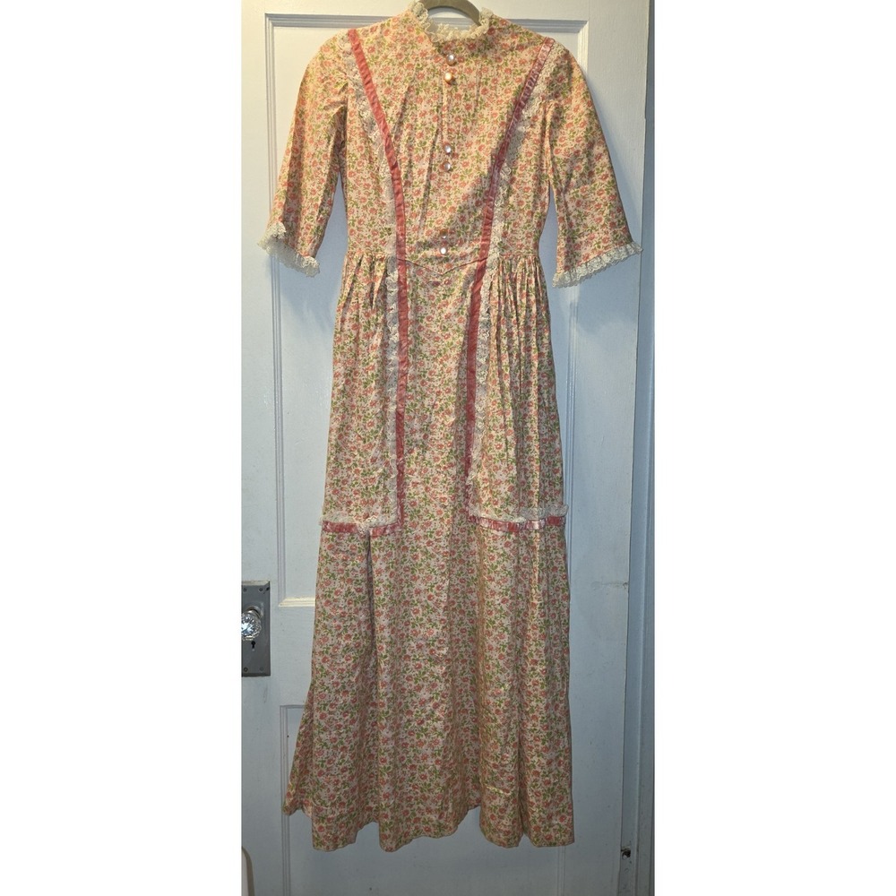 Vintage Handmade 70's Prairie Maxi Dress. Pink Floral. Lace And Velvet Ribbon